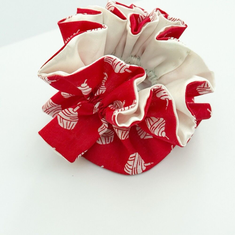 Handmade Red & Cream Scrunchie Hair Tie Ruffled Elastic Ponytail Holder - Picture 8 of 13